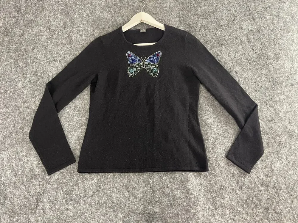 Saks Fifth Avenue Sweater Women Medium Black 100% Cashmere Butterfly Beaded N193